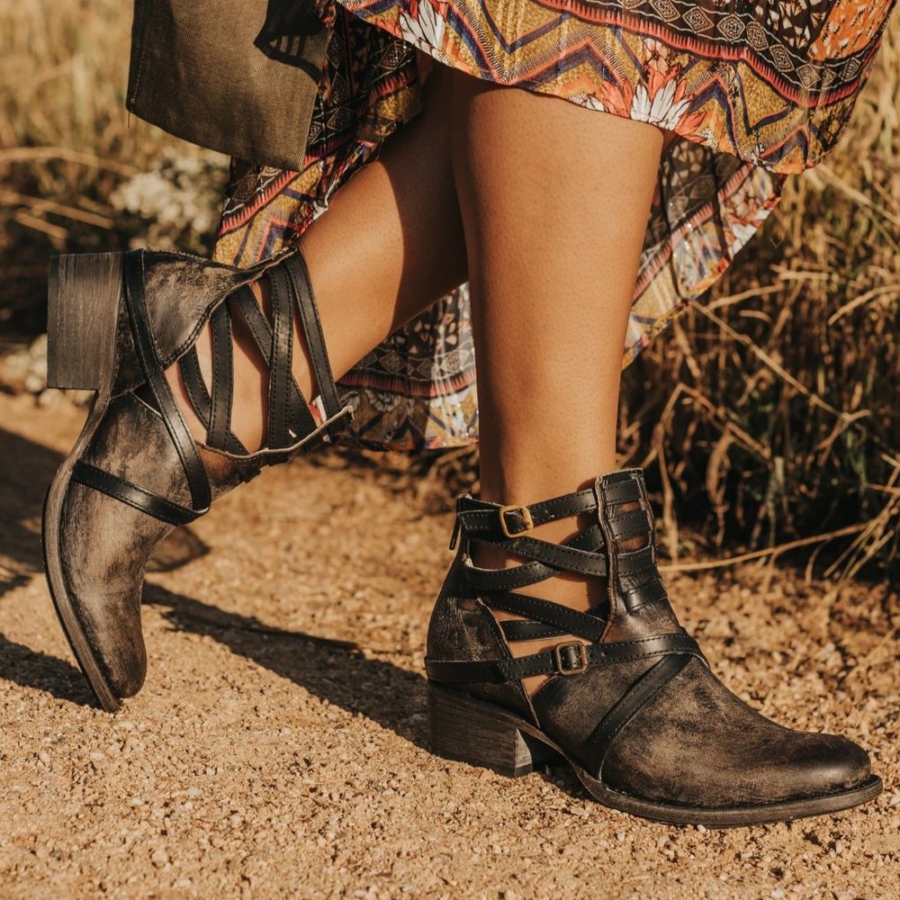 Freebird Stair Booties, Black Distressed